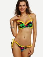 Romwe Multicolor Paint Print Ruffled Bikini Set