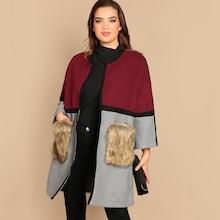 Romwe Plus Open Front Color-block Faux Fur Pocket Coat