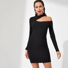 Romwe Zip Back Asymmetrical Neck Solid Dress