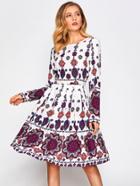 Romwe Ornate Print Box Pleated Fit & Flare Dress
