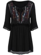 Romwe Bell Sleeve Lace Up Embroidered Pleated Dress