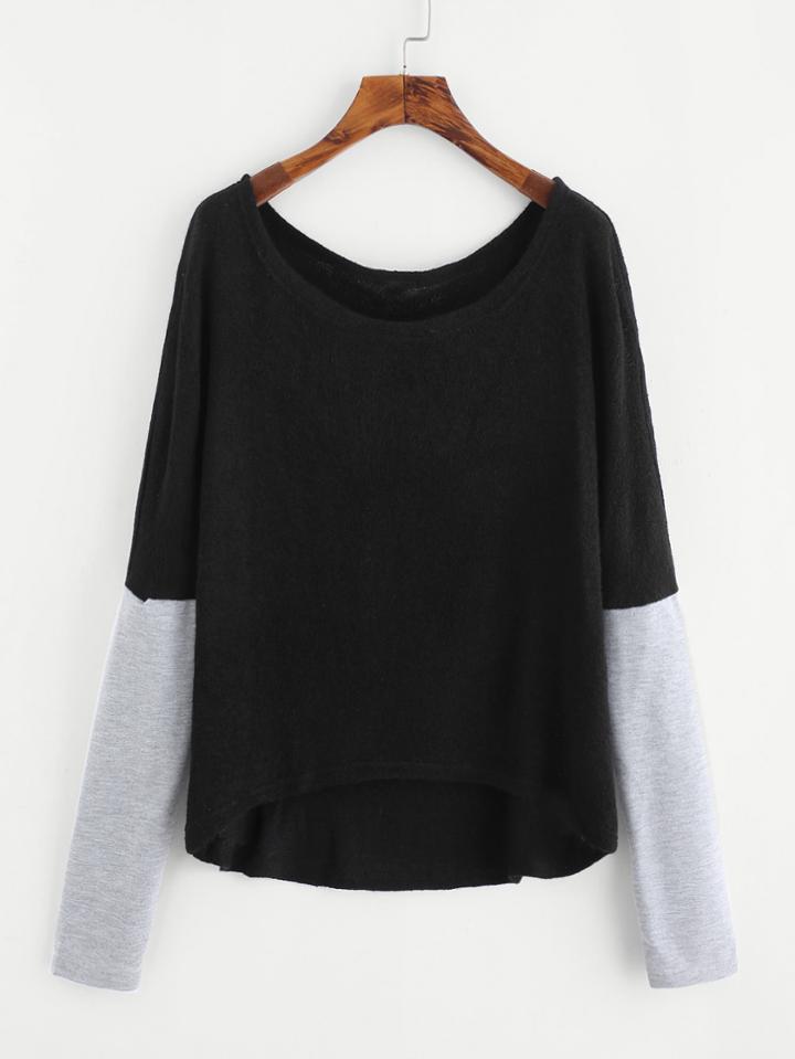 Romwe Contrast Marled Sleeve Dip Hem Sweater