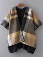 Romwe Khaki Plaid Asymmetrical Poncho Sweater