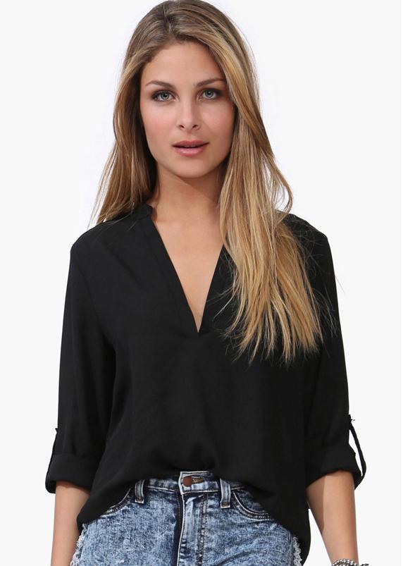 Romwe V Neck Loose Chiffon Black Blouse