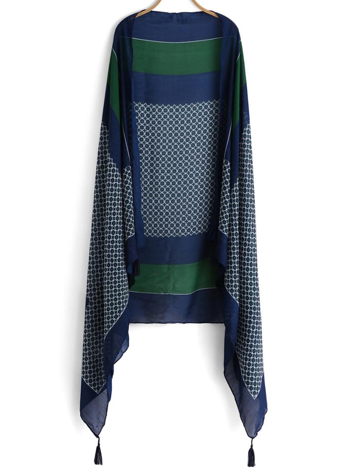 Romwe With Tassel Vintage Print Green Scarf