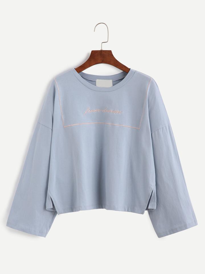 Romwe Blue Drop Shoulder Letter Embroidered T-shirt