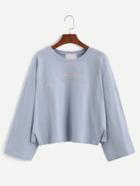 Romwe Blue Drop Shoulder Letter Embroidered T-shirt