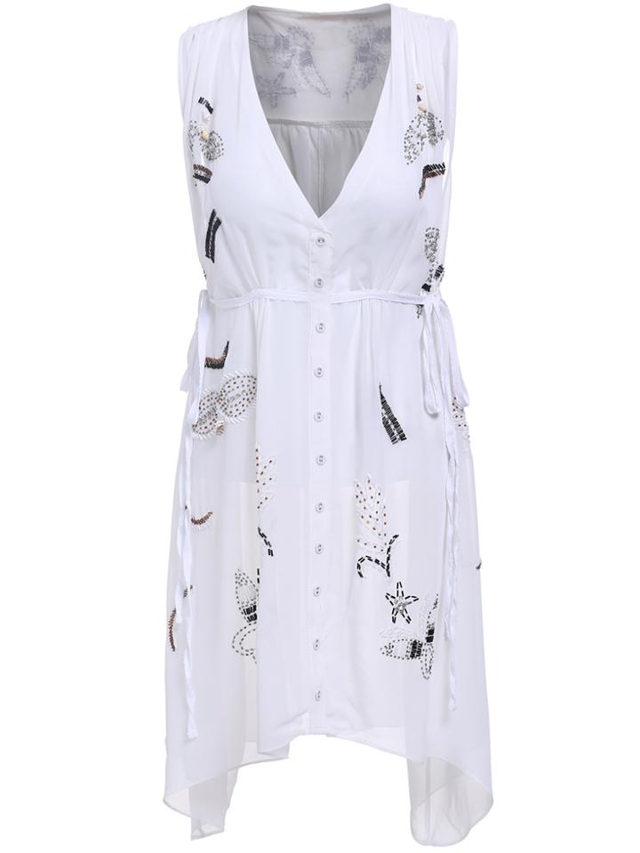 Romwe Deep V Neck With Bead Shell Chiffon Dress