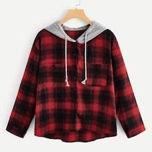 Romwe Plus Pocket Plaid Drawstring Hooded Sweatshirt