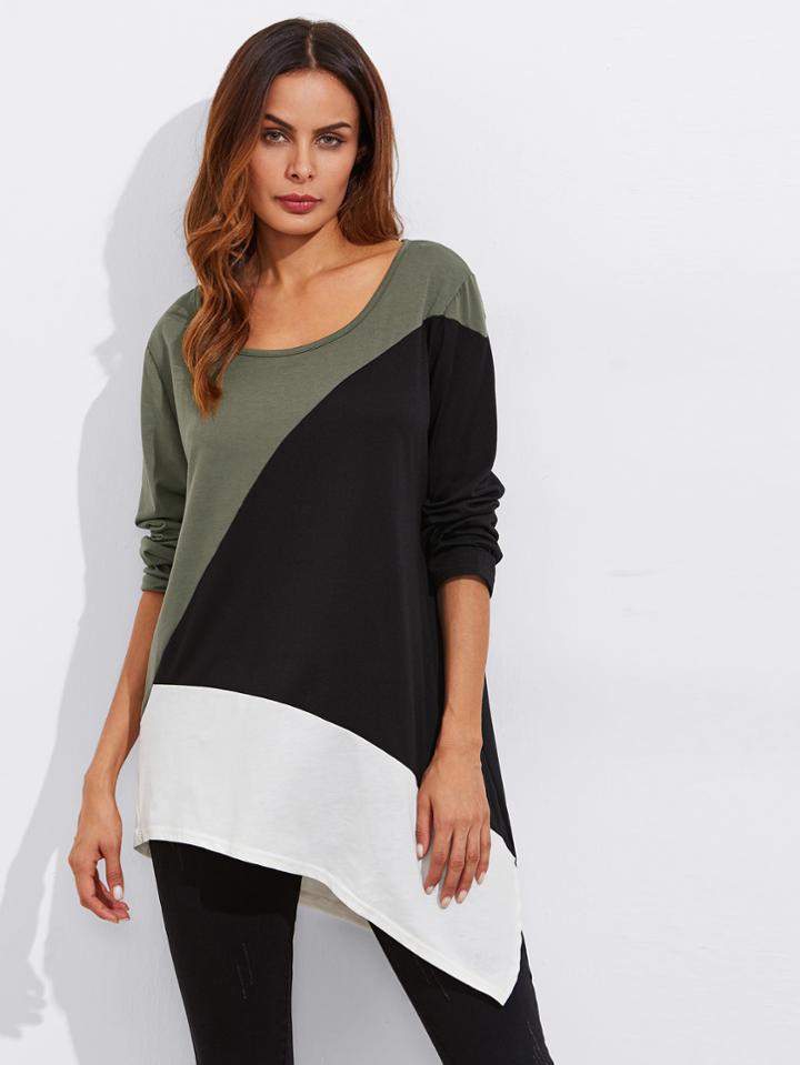 Romwe Asymmetric Hem Split Color Block Tee