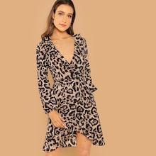 Romwe Waist Belted Leopard Print Ruffle Dress