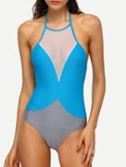 Romwe Color Block Mesh Neck One-piece Swimwear - Blue
