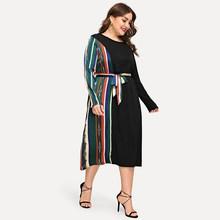 Romwe Plus Contrast Striped Belted Dress