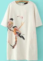 Romwe With Buttons Pocket Bird Print Dress
