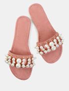 Romwe Pastel Faux Suede Pearl Slide Sandals Dusty Pink
