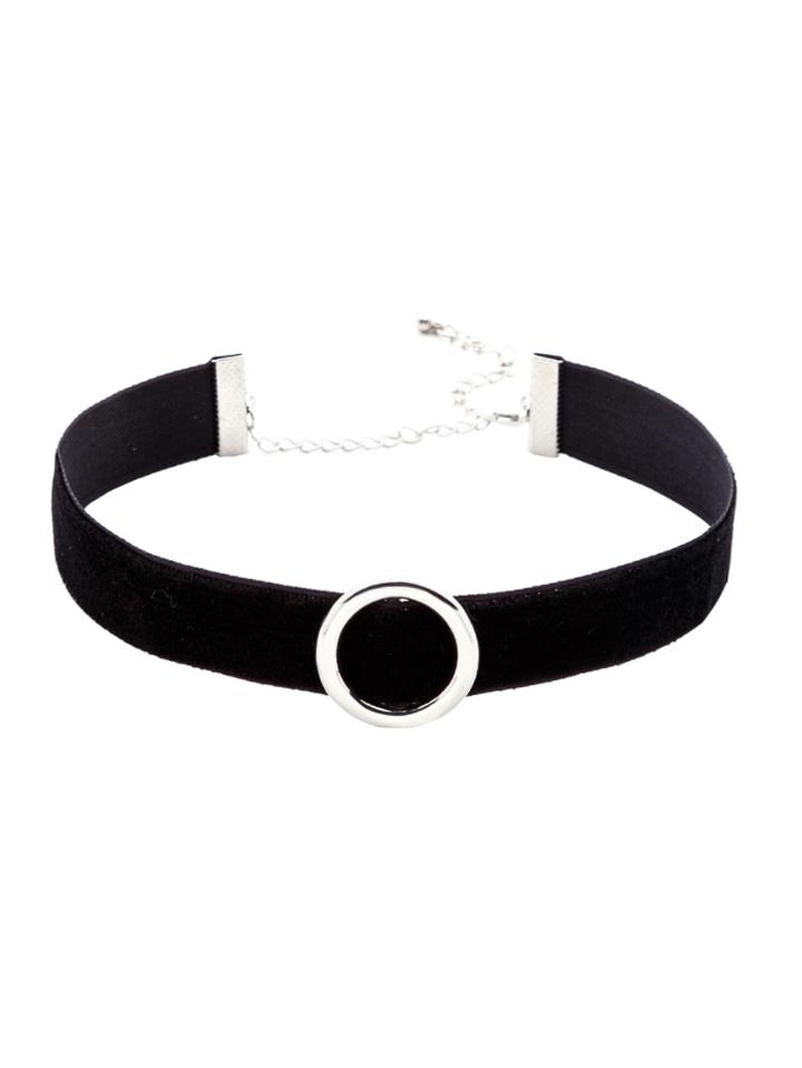 Romwe Black Strap Silver Metal Circle Choker Necklace