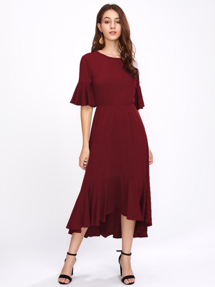 Romwe Trumpet Sleeve Frill Hem Marled Dress