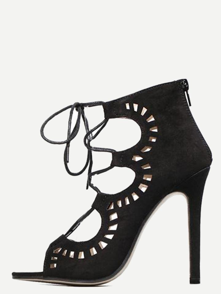 Romwe Black Faux Suede Cutout Lace-up Heeled Sandals