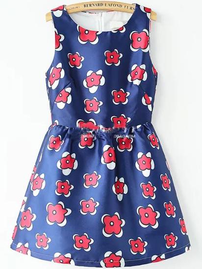Romwe Sleeveless Flowers Print Flare Dress