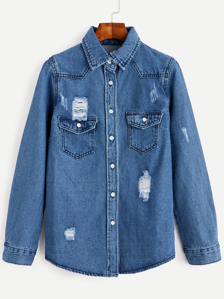 Romwe Blue Ripped Button Front Denim Jacket