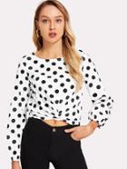 Romwe Twist Front Tie Back Polka Dot Top