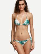 Romwe Green Coconut Tree Print Side Tie Triangle Bikini Set