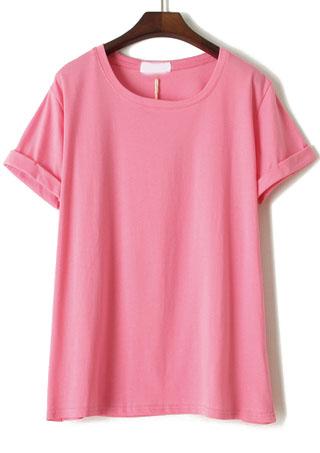 Romwe Cuffed Loose Pink T-shirt