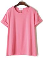 Romwe Cuffed Loose Pink T-shirt