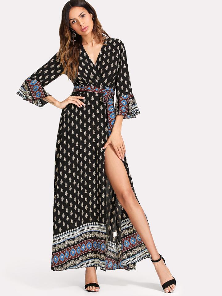 Romwe Tribal Print Flounce Sleeve Belted Dress