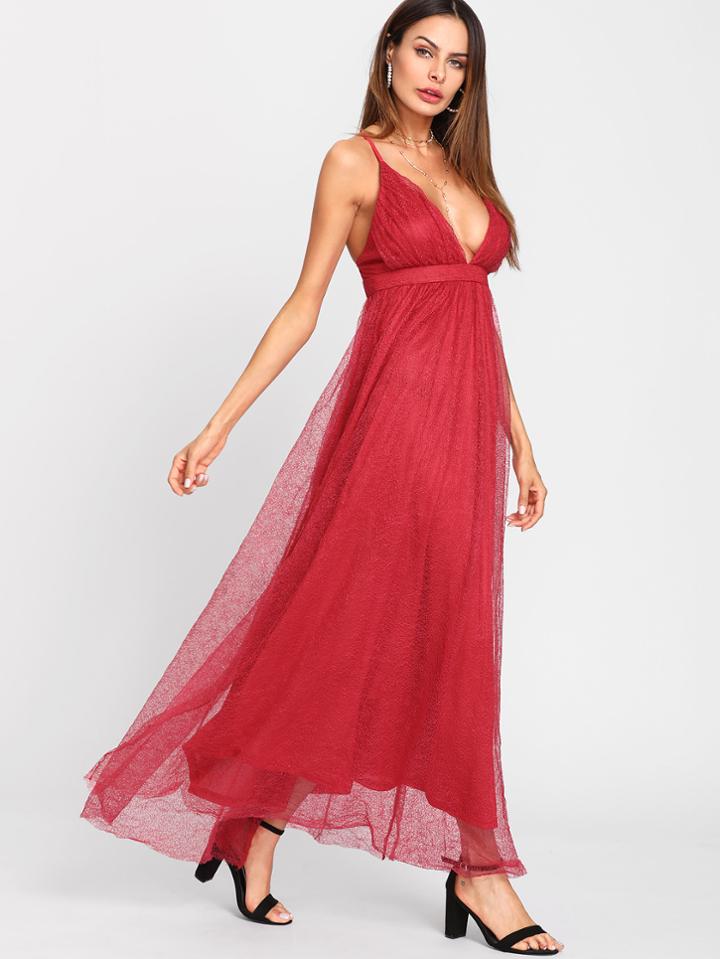 Romwe Plunge Neck Embroidered Mesh Cami Dress