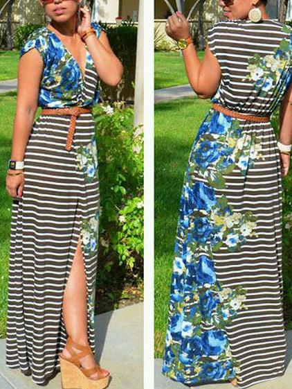 Romwe Deep V Neck Florals Striped Wrap Dress