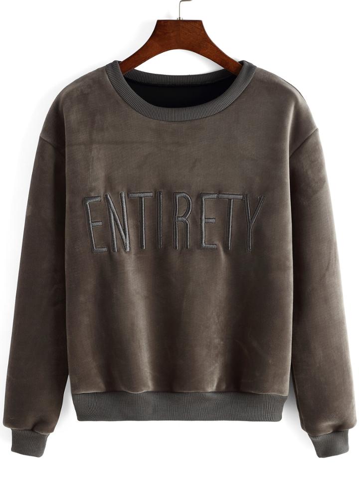 Romwe Round Neck Letter Embroidered Grey Sweatshirt