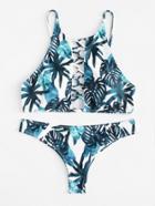 Romwe Palm Print Twist Bikini Set