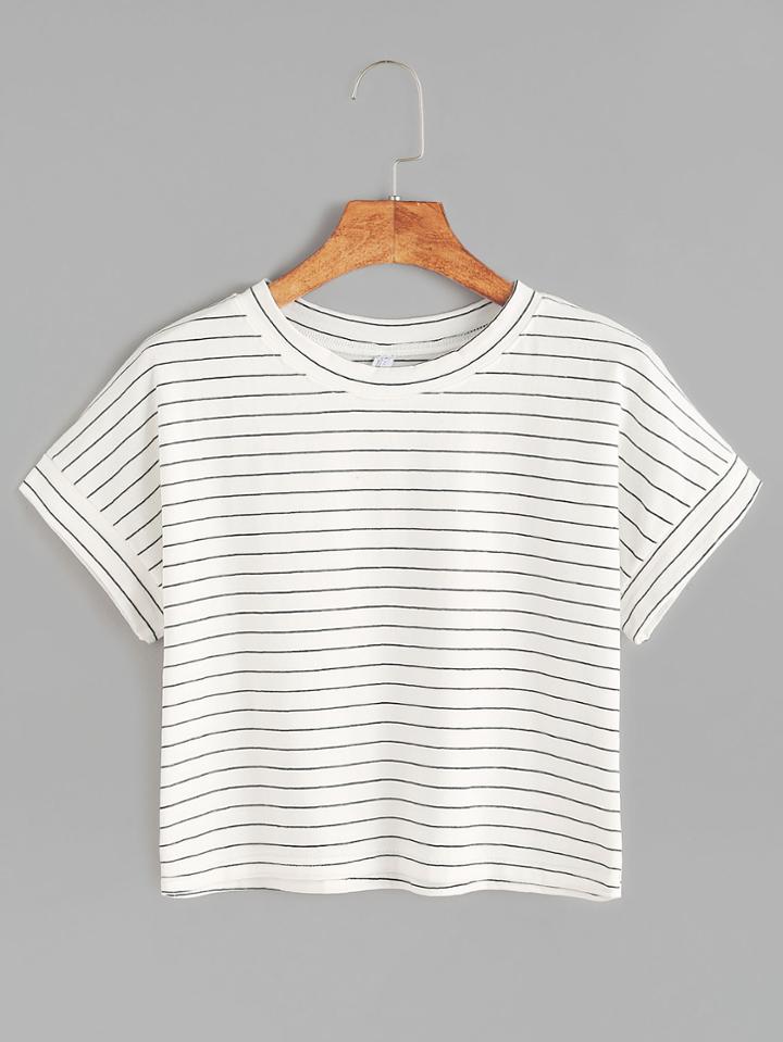 Romwe White Striped Short Sleeve Crop T-shirt