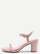 Romwe Pink Peep Toe Pearl Buckle Chunky Pumps