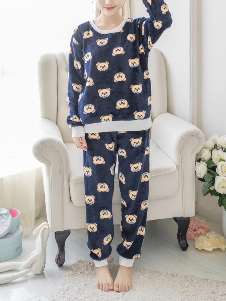Romwe Contrast Trim Cartoon Bear Plush Pullover & Pants Pj Set