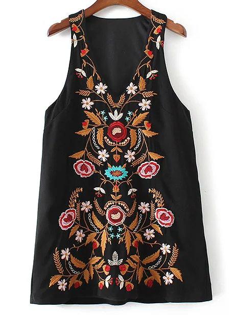 Romwe Black Embroidery V Neck Sleeveless Dress
