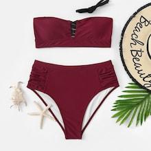 Romwe Criss Cross Bandeau With Ruched Bikini Set
