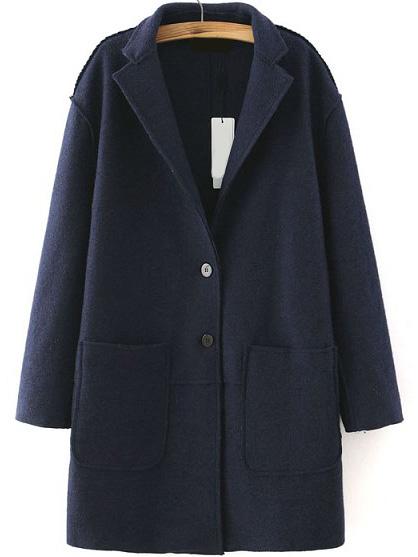 Romwe Lapel Single Breasted Pockets Navy Coat