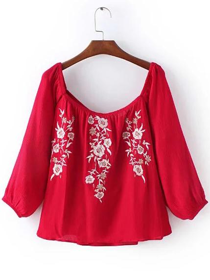 Romwe Red Lantern Sleeve Flowers Embroidery Blouse