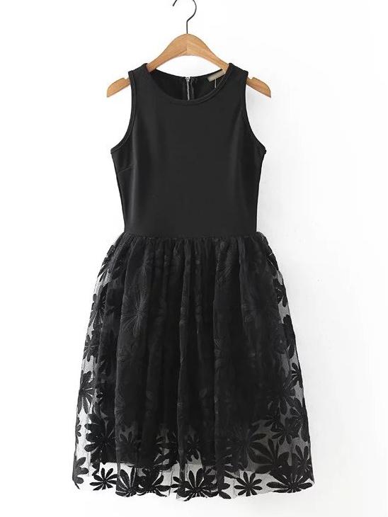 Romwe Black Sunflower Embroidery Zipper Skater Dress