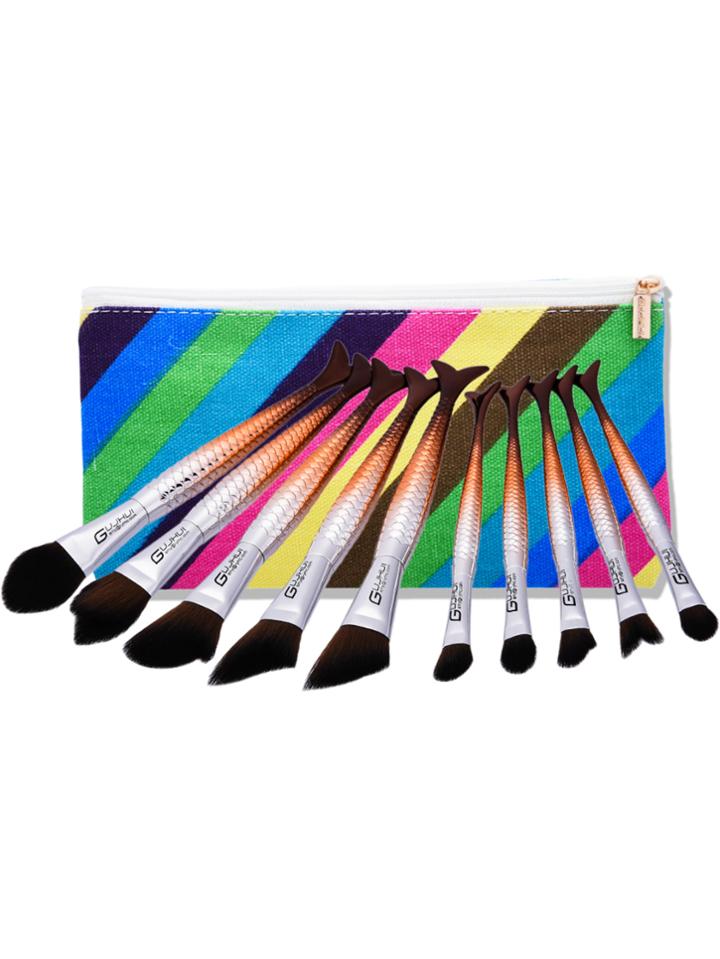 Romwe Mermaid Shaped Cosmetic Brush Set 10pcs With Bag