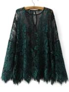Romwe Dark Green Asymmetrical Lace Mesh Blouse