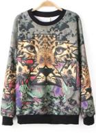 Romwe Grey Round Neck Long Sleeve Lion Print Sweatshirt