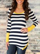 Romwe Contrast Cuff Striped Buttons Asymmetrical Black T-shirt