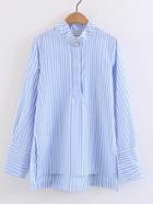 Romwe Band Collar Vertical Striped High Low Blouse