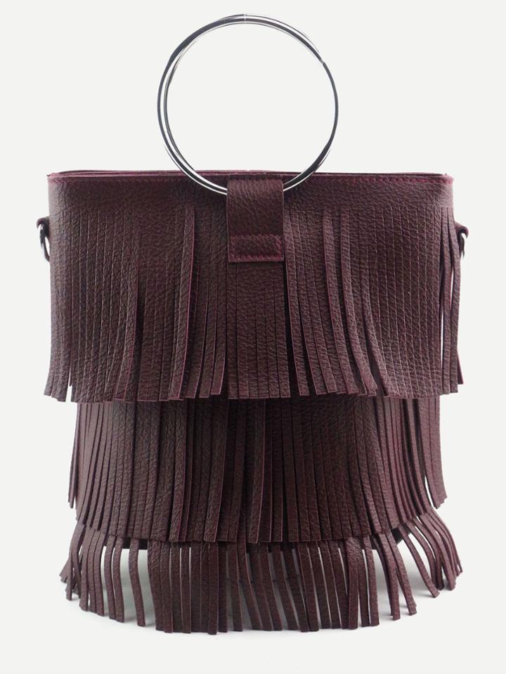 Romwe Maroon Faux Leather Metal Ring Fringe Shoulder Bag