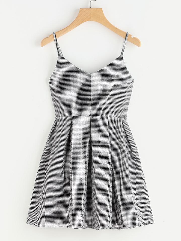 Romwe Gingham Print Box Pleated Cami Dress