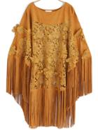 Romwe Lace Crochet Tassel Suede Poncho Coat