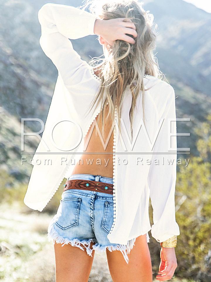 Romwe White Long Sleeve Split Back Blouse